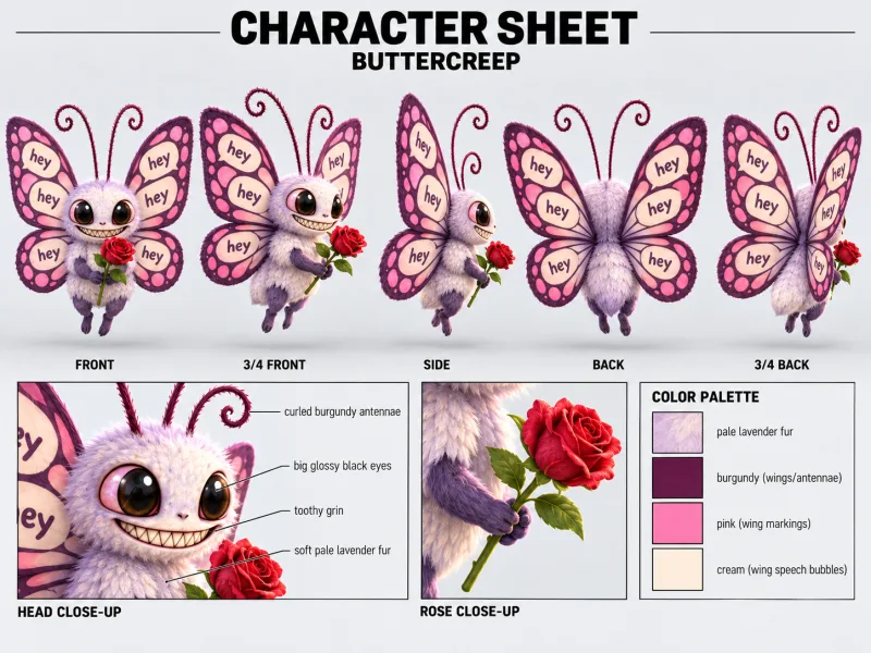 BUTTERCREEP character sheet with multiple views