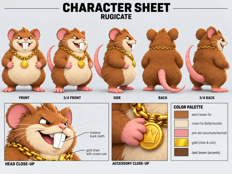 RUGICATE character sheet with multiple views