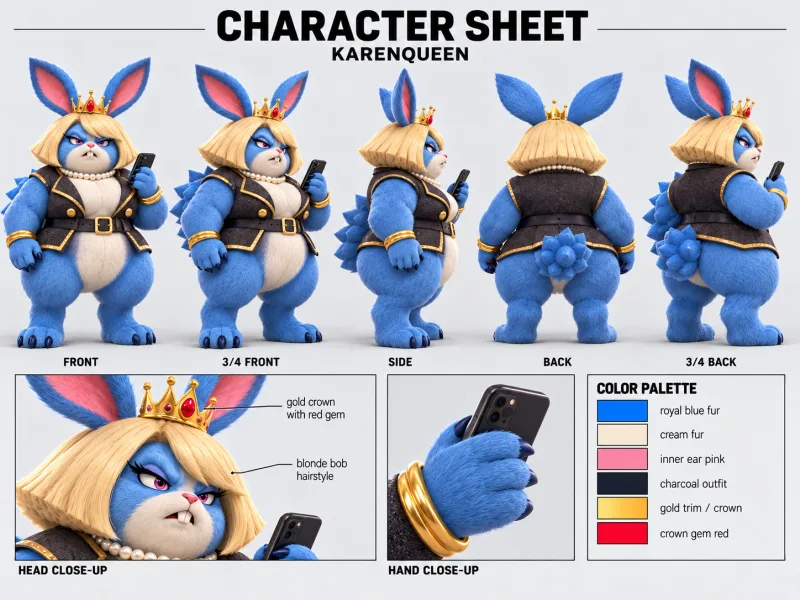KARENQUEEN character sheet with multiple views