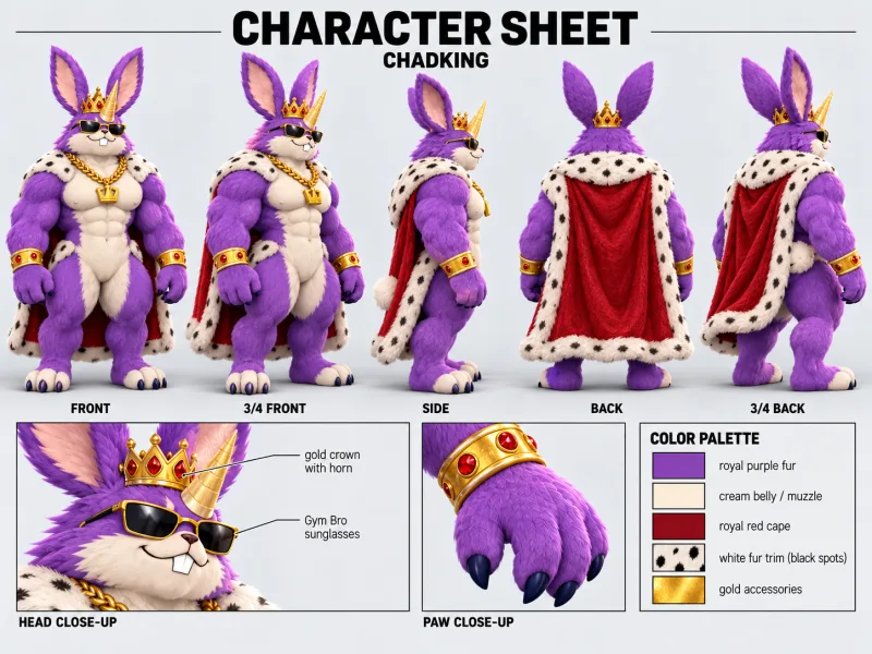CHADKING character sheet with multiple views