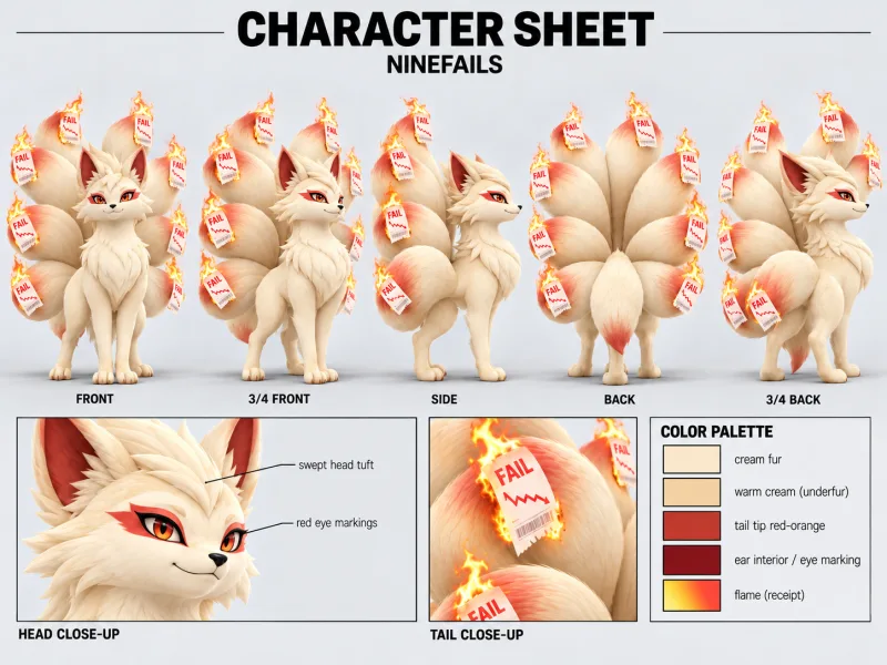 NINEFAILS character sheet with multiple views