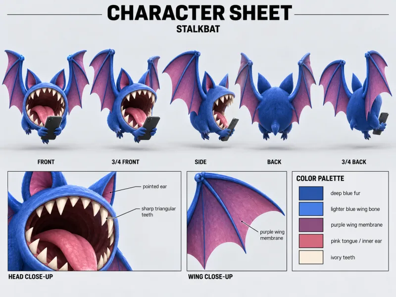 STALKBAT character sheet with multiple views