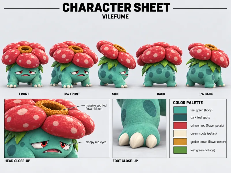 VILEFUME character sheet with multiple views