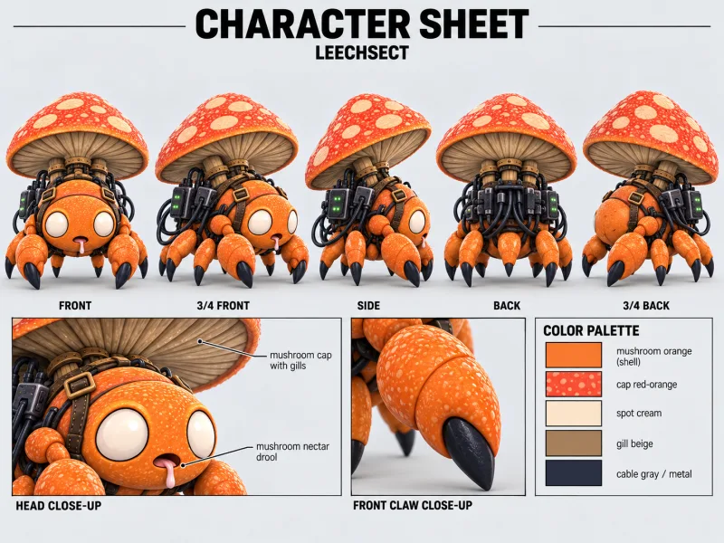 LEECHSECT character sheet with multiple views