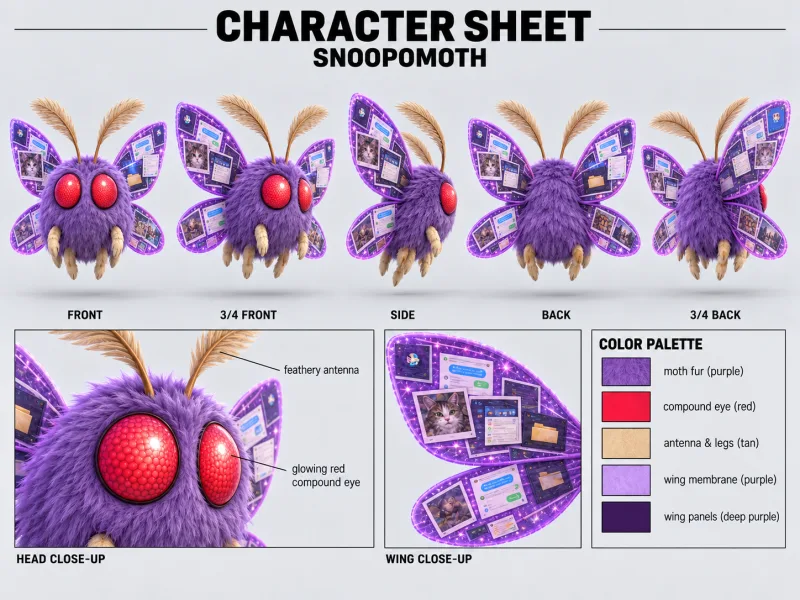 SNOOPOMOTH character sheet with multiple views