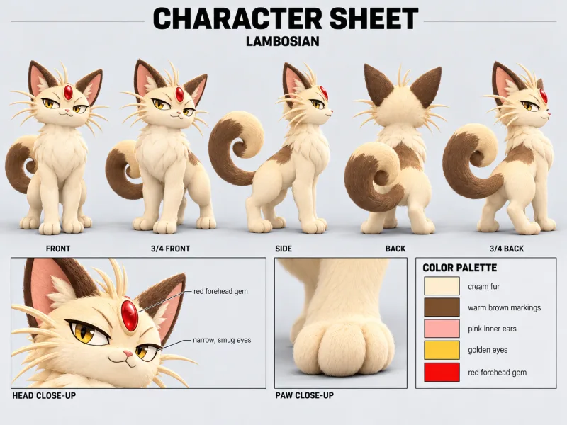 LAMBOSIAN character sheet with multiple views