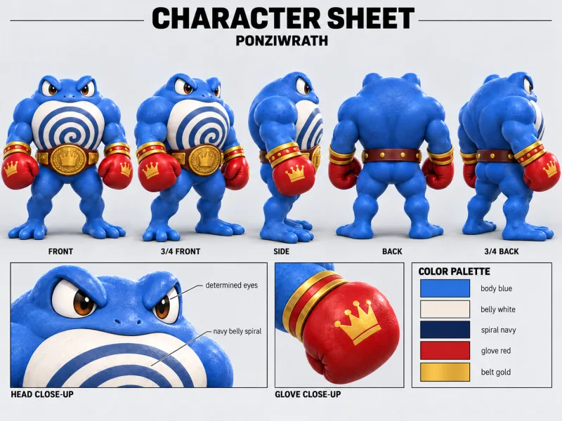 PONZIWRATH character sheet with multiple views