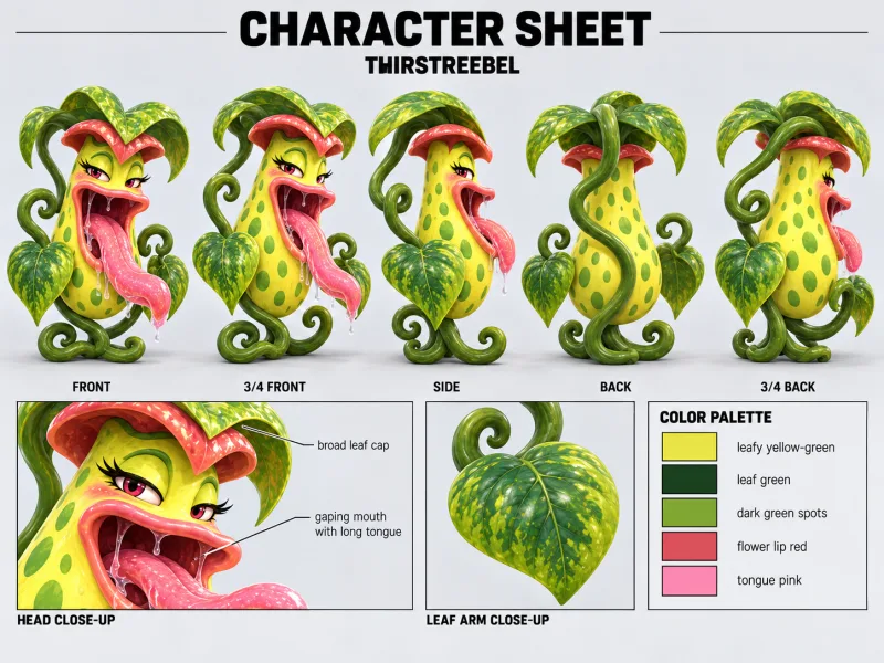 THIRSTREEBEL character sheet with multiple views