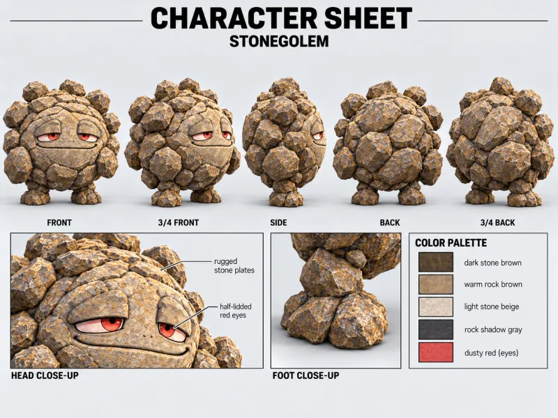 STONEGOLEM character sheet with multiple views