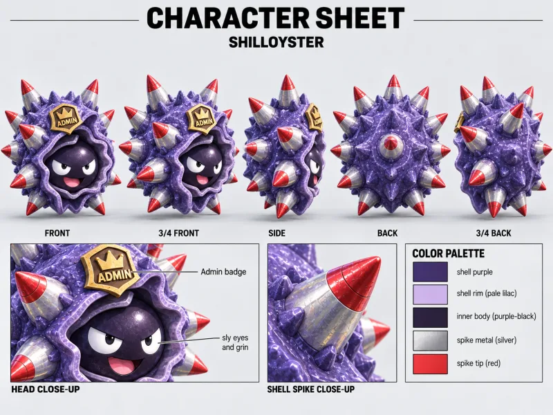 SHILLOYSTER character sheet with multiple views