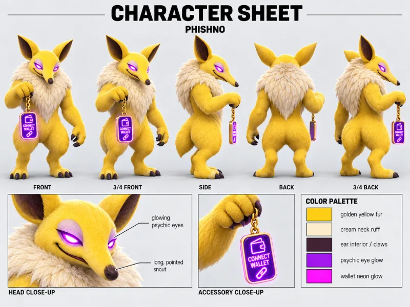 PHISHNO character sheet with multiple views