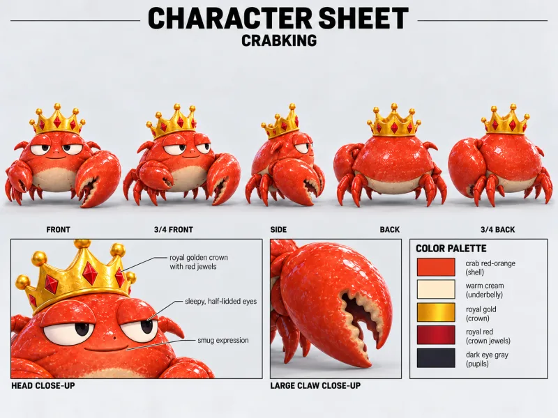 CRABKING character sheet with multiple views