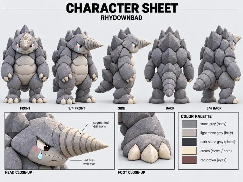 RHYDOWNBAD character sheet with multiple views