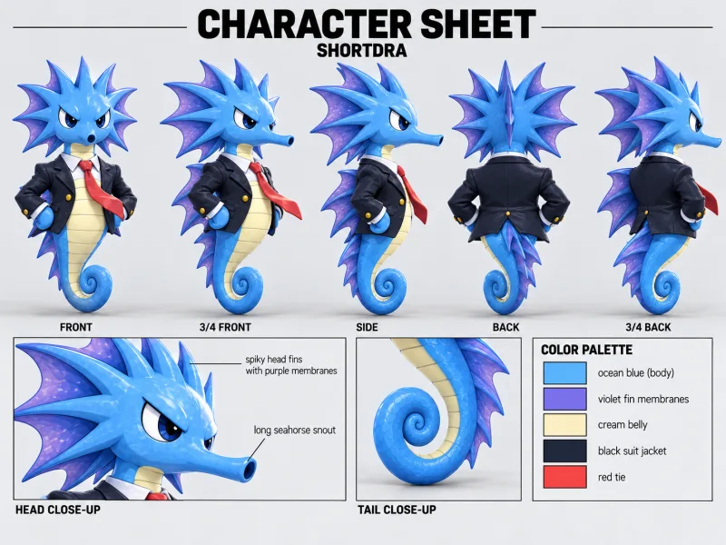 SHORTDRA character sheet with multiple views