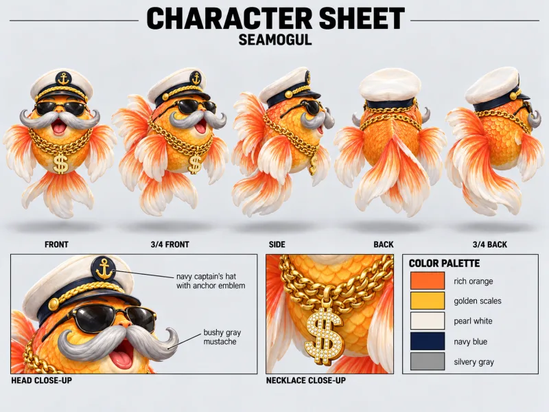 SEAMOGUL character sheet with multiple views