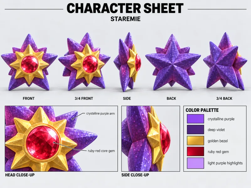 STAREMIE character sheet with multiple views
