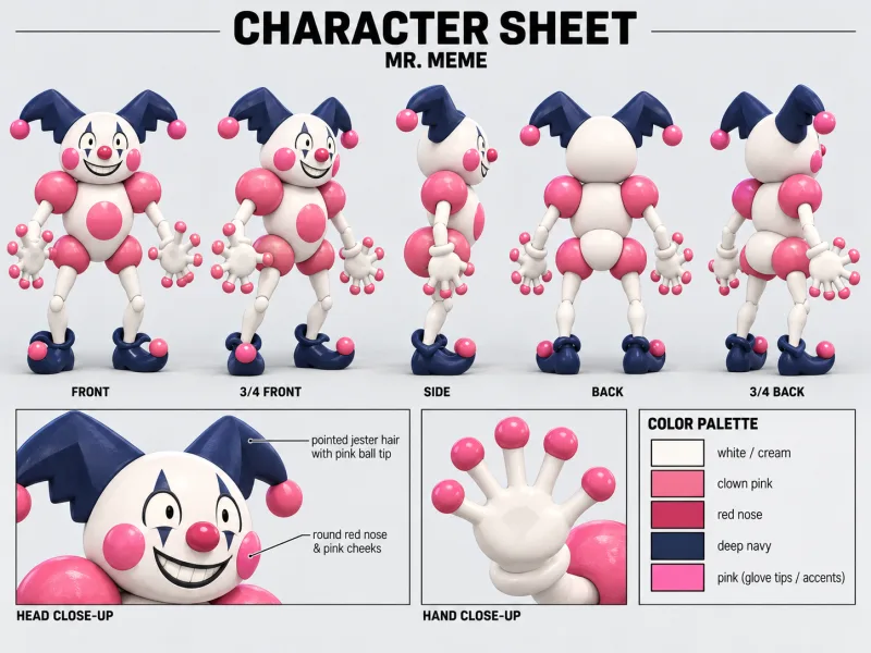 MR. MEME character sheet with multiple views
