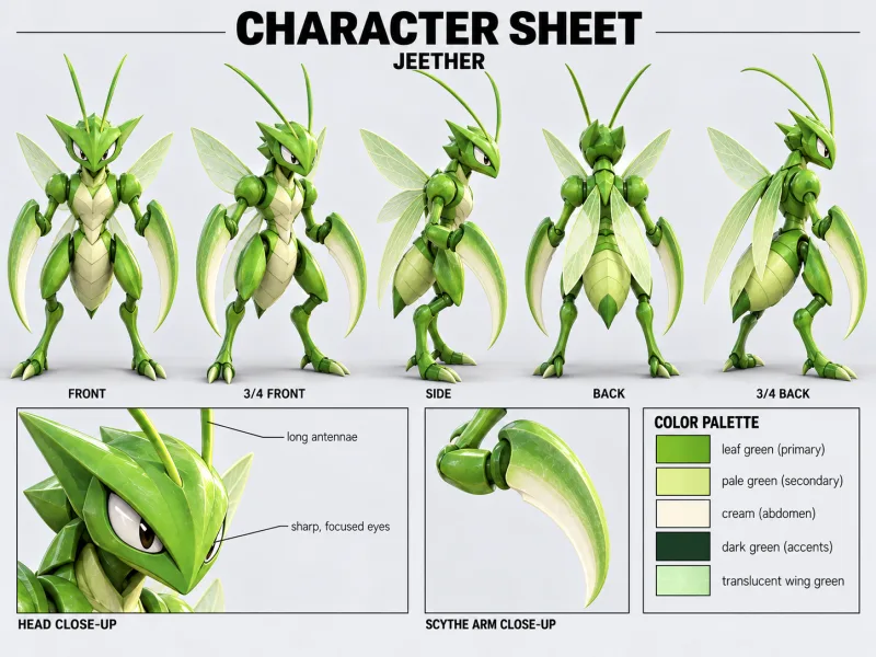 JEETHER character sheet with multiple views