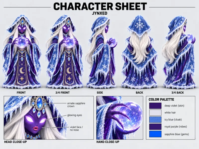 JYNXED character sheet with multiple views
