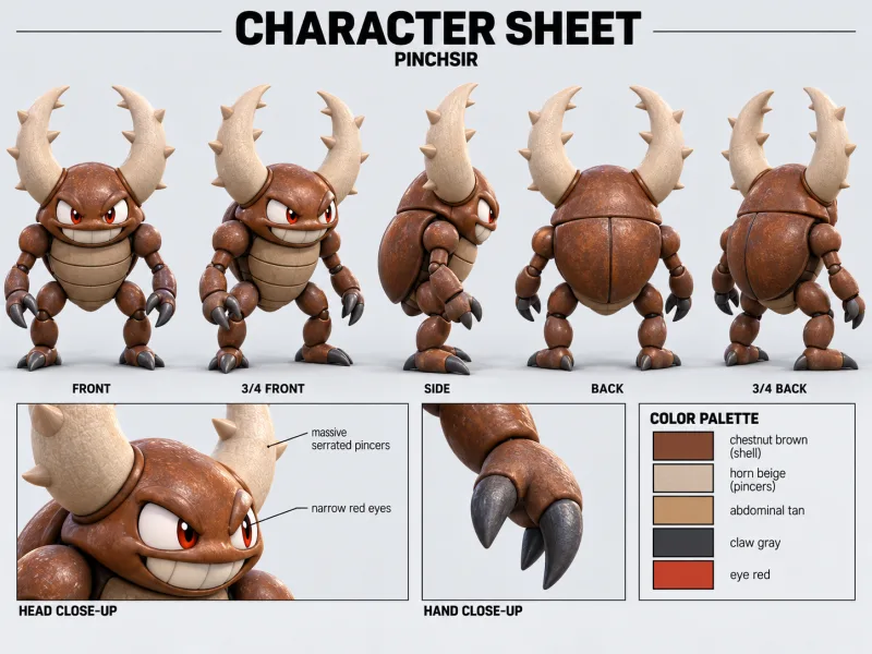 PINCHSIR character sheet with multiple views