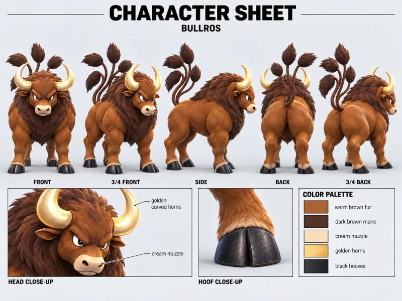 BULLROS character sheet with multiple views