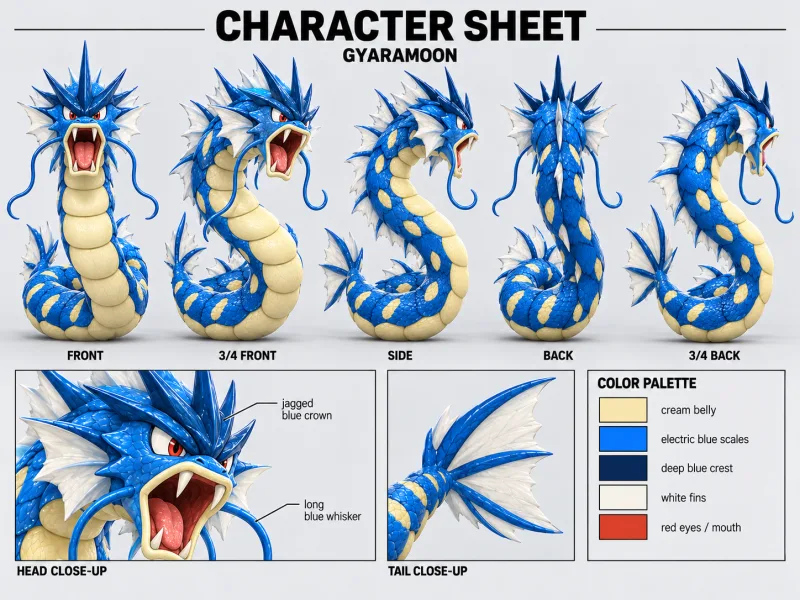 GYARAMOON character sheet with multiple views