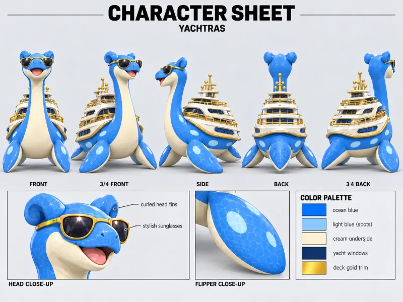 YACHTRAS character sheet with multiple views