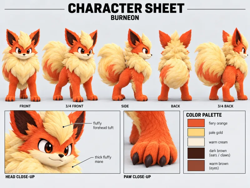 BURNEON character sheet with multiple views