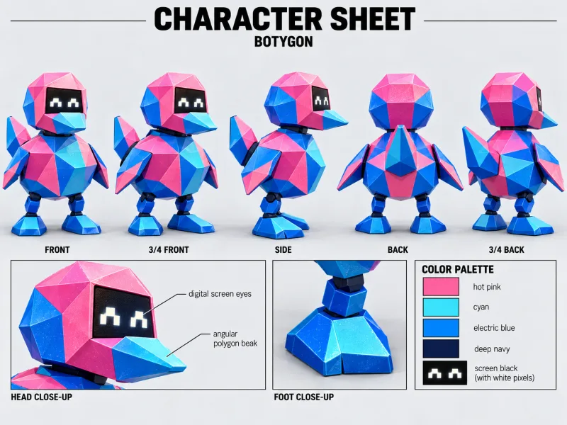 BOTYGON character sheet with multiple views