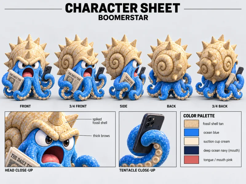 BOOMERSTAR character sheet with multiple views