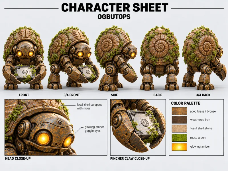 OGBUTOPS character sheet with multiple views