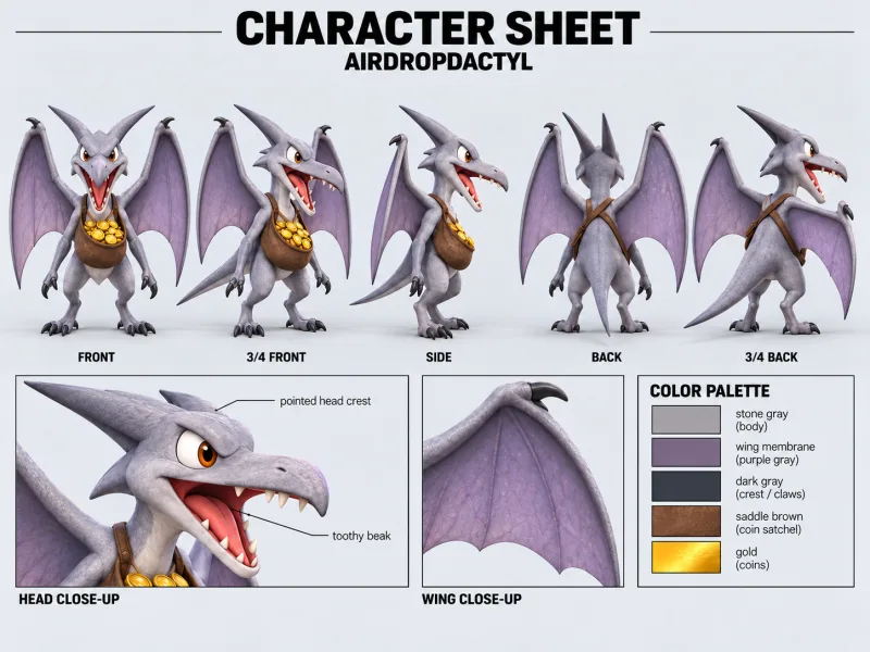 AIRDROPDACTYL character sheet with multiple views