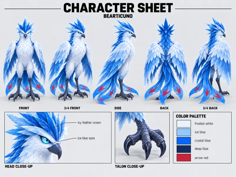 BEARTICUNO character sheet with multiple views