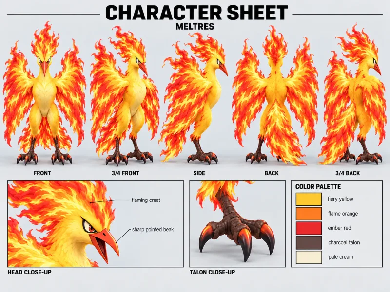MELTRES character sheet with multiple views