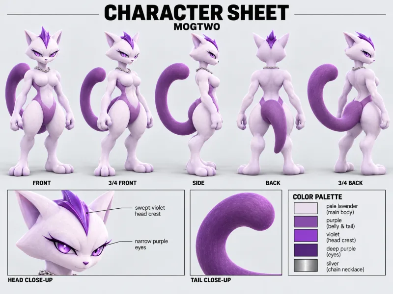 MOGTWO character sheet with multiple views