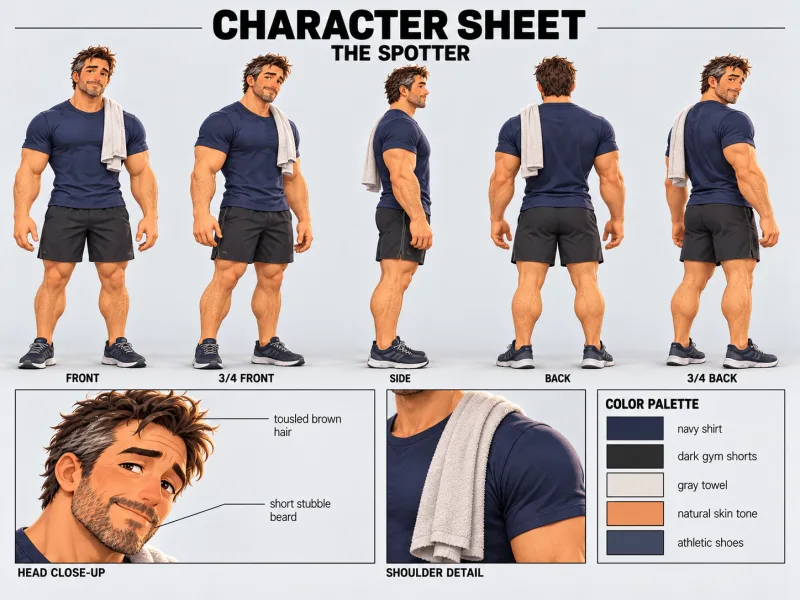 THE SPOTTER character sheet with multiple views