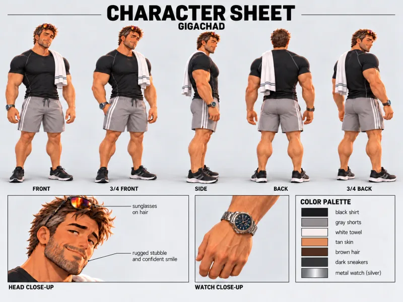 GIGACHAD character sheet with multiple views