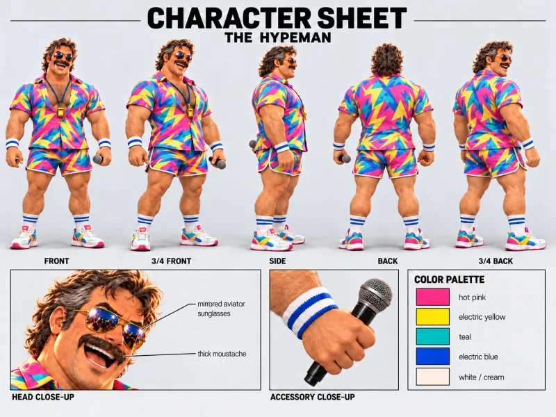 THE HYPEMAN character sheet with multiple views