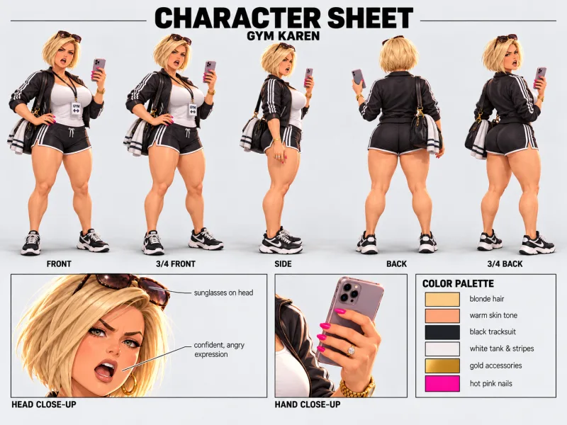 GYM KAREN character sheet with multiple views
