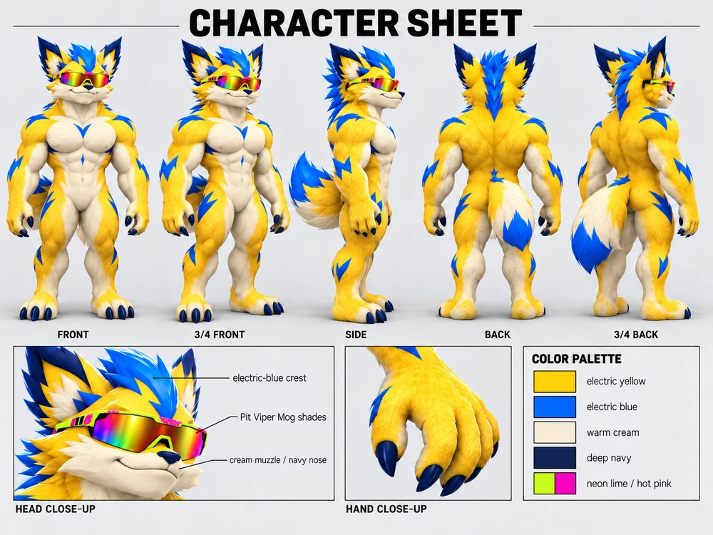 Official Pokémog character sheet with front, side and back views, details and colors