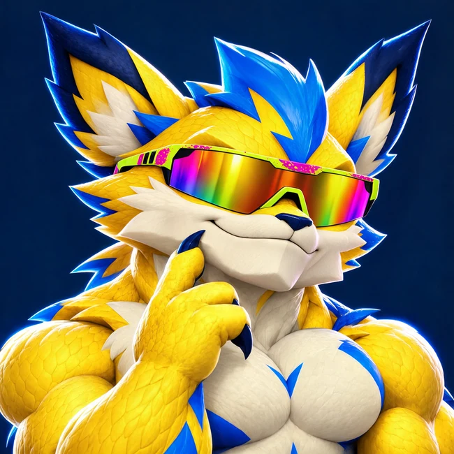 Pokémog logo with rainbow mirrored shades on a navy background